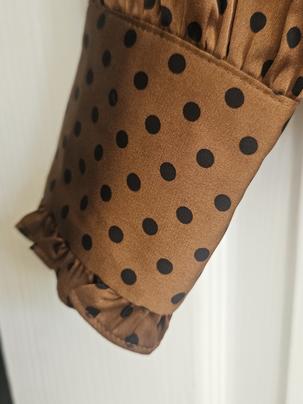 Brown Polka Dot Bow-Neck Blouse - Women SIZE S - Picture 3 of 10